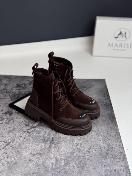 Шоколадные ботинки женские демисезонные на байке marise-654-26 фото